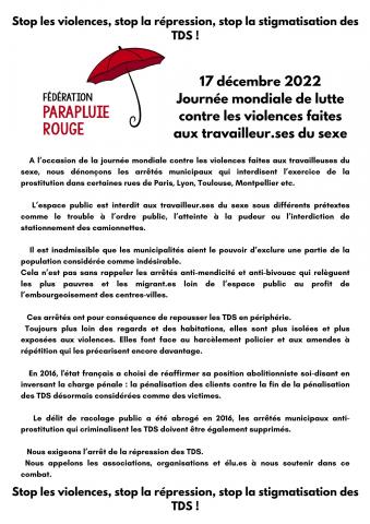 A l’occasion de la journée mondiale contre les violences faites aux travailleuses du sexe, nous dénonçons les arrêtés municipaux qui interdisent l’exercice de la prostitution dans certaines rues de Paris, Lyon, Toulouse, Montpellier etc.