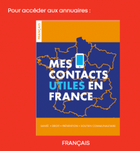 Visuel bleu et orange avec un schéma de la carte de France, un symbole de téléphone et le titre "Mes contacts utiles en France"